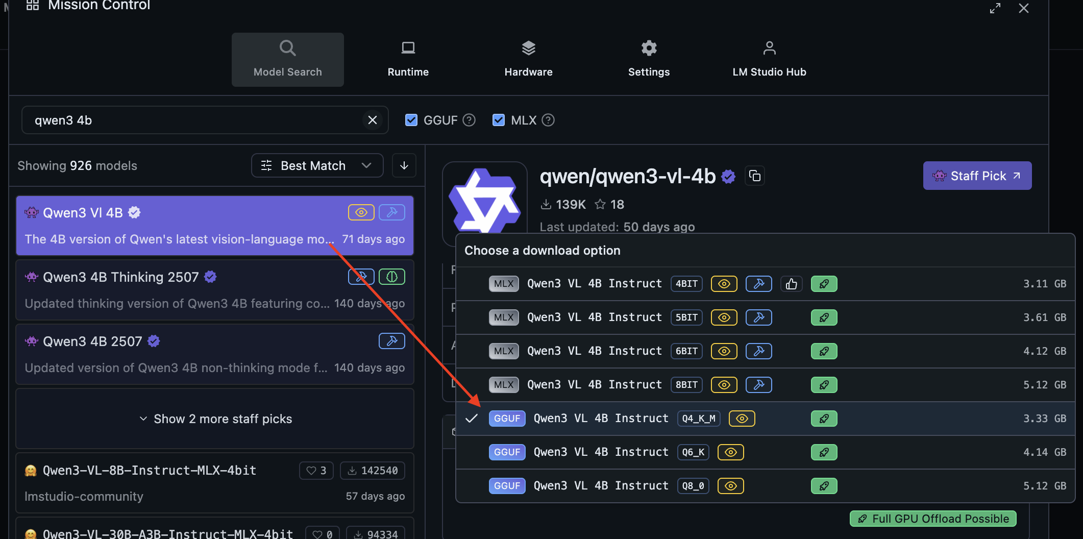 LM Studio search and download qwen3 VL 4b model